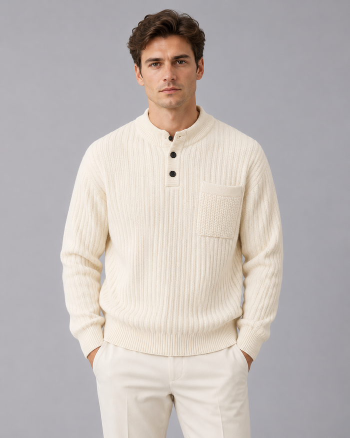 Men's Ribbed Henley Jumper – Thick Rib Knit with Button Neck and Chest Pocket, Relaxed Fit