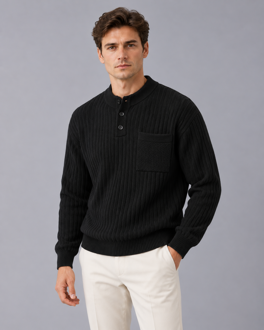 Men's Ribbed Henley Jumper – Thick Rib Knit with Button Neck and Chest Pocket, Relaxed Fit