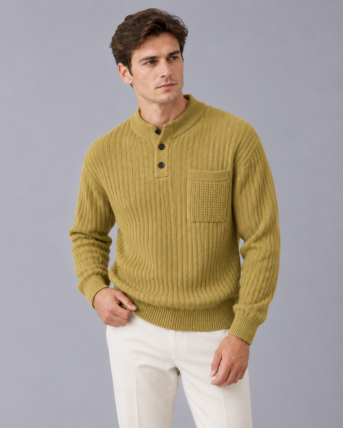Men's Ribbed Henley Jumper – Thick Rib Knit with Button Neck and Chest Pocket, Relaxed Fit