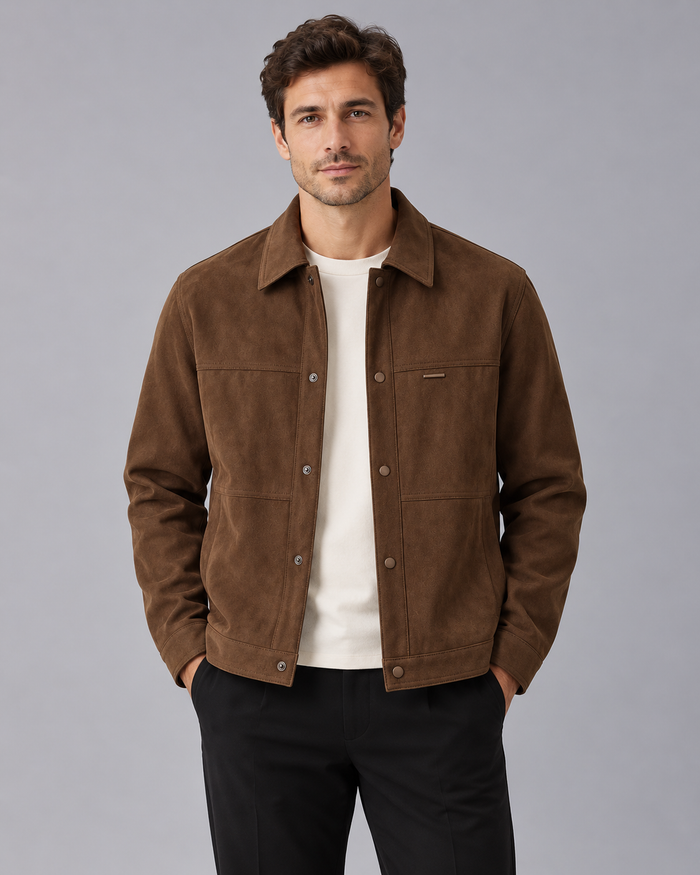 Men's Faux Suede Jacket – Short Overcoat with Point Collar and Button Front, Relaxed Fit