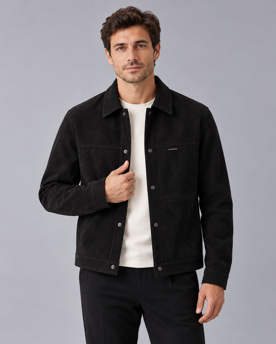 Men's Faux Suede Jacket – Short Overcoat with Point Collar and Button Front, Relaxed Fit
