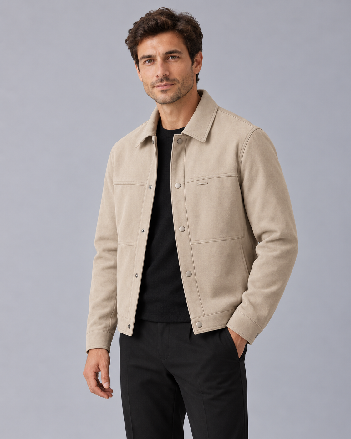 Men's Faux Suede Jacket – Short Overcoat with Point Collar and Button Front, Relaxed Fit