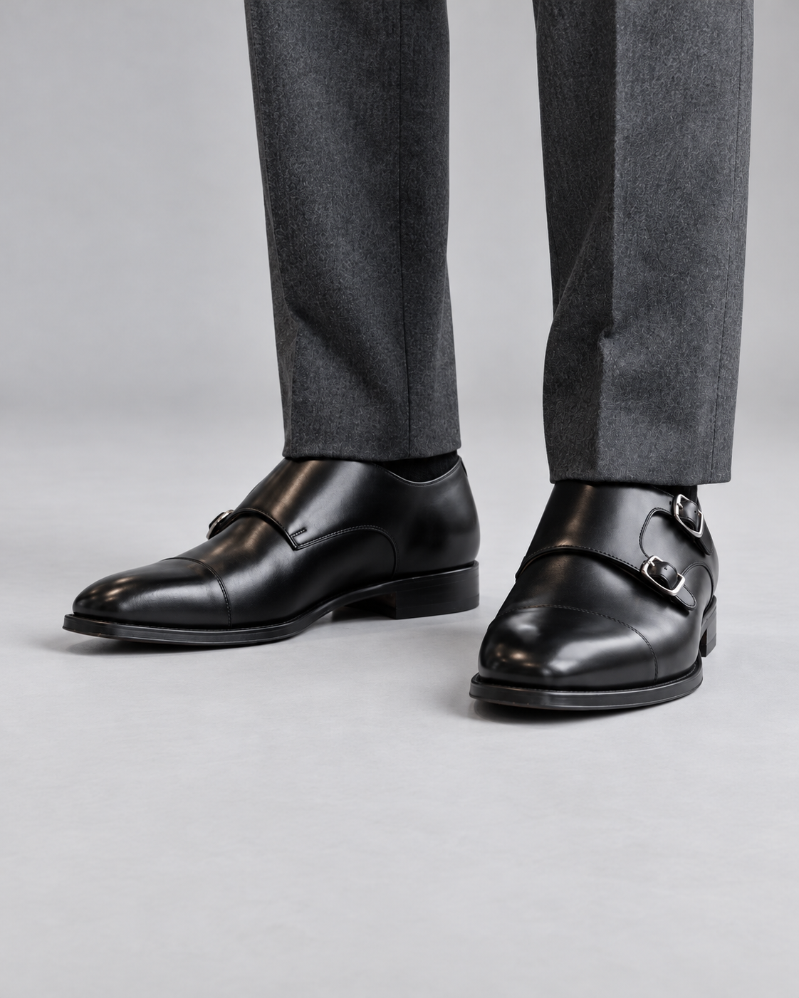 Men's Double Monk Strap Shoes in Leather – Cap Toe, Buckle Closure, Rubber Sole