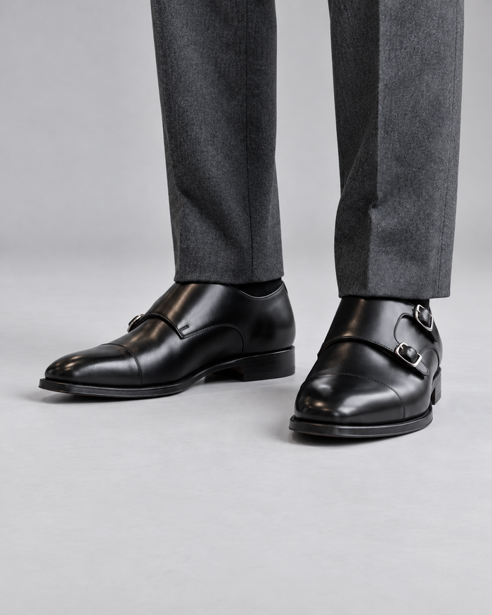 Men's Double Monk Strap Shoes in Leather – Cap Toe, Buckle Closure, Rubber Sole