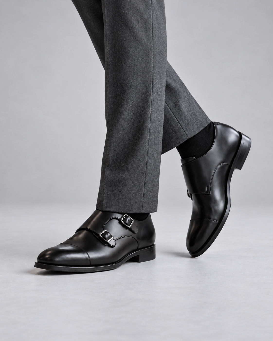 Men's Double Monk Strap Shoes in Leather – Cap Toe, Buckle Closure, Rubber Sole