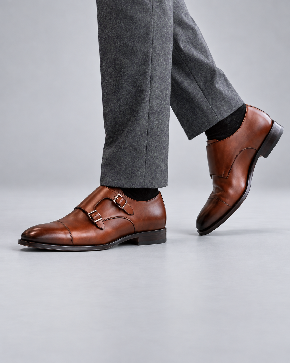 Men's Double Monk Strap Shoes in Leather – Cap Toe, Buckle Closure, Rubber Sole