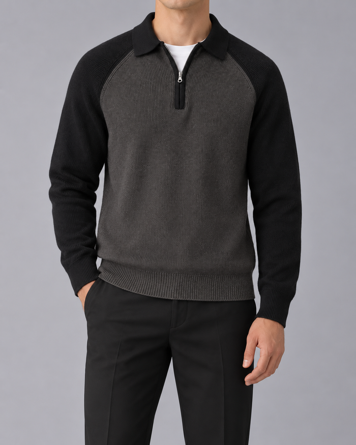 Men's Knitted Quarter-Zip Sweater with Collar and Raglan Sleeves
