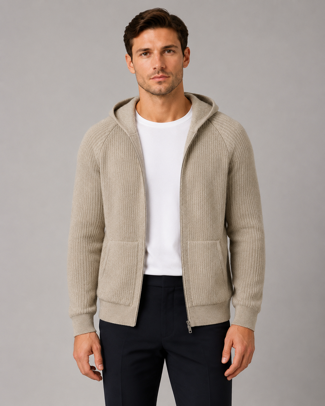 Cashmere Rib Knit Zip Hoodie