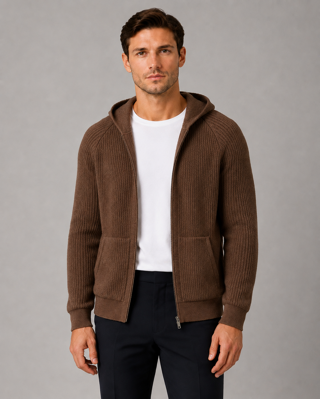 Cashmere Rib Knit Zip Hoodie