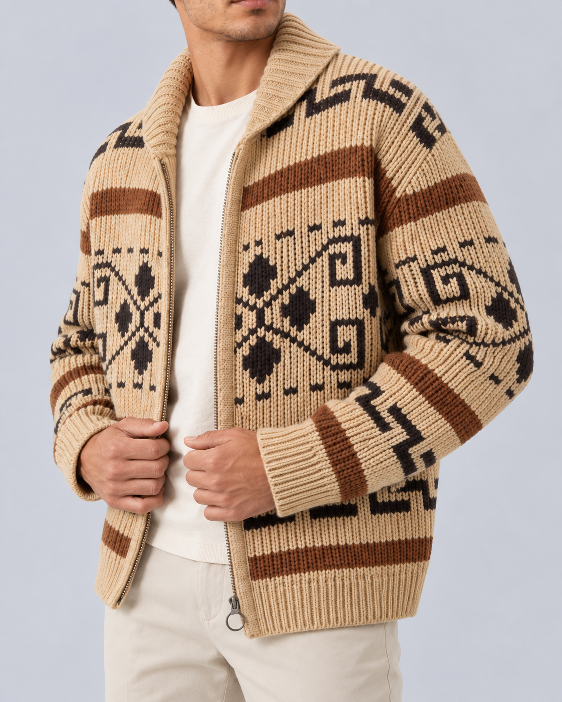 Men's Jacquard Zip Cardigan in Acrylic Knit – Shawl Collar, Geometric Pattern