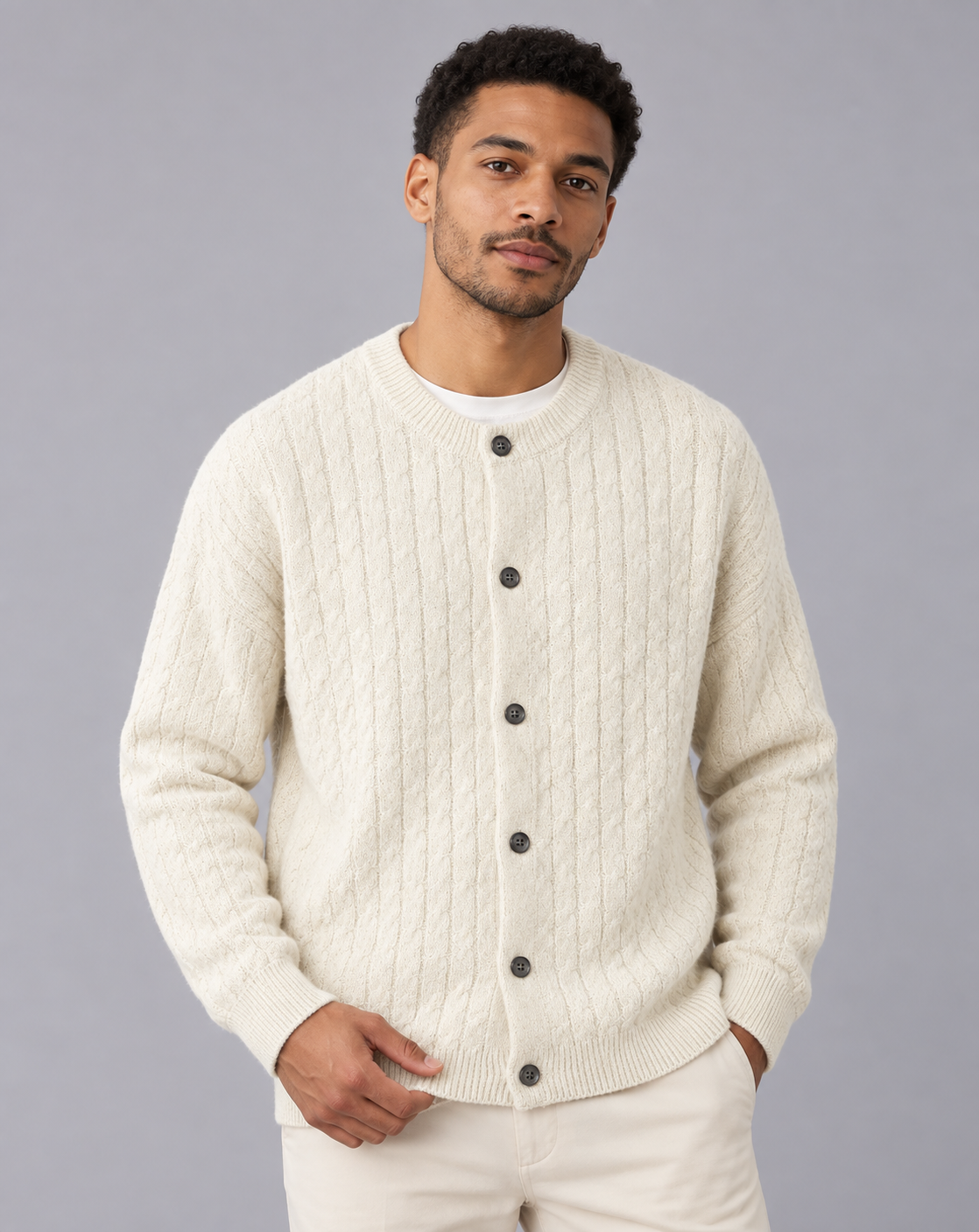Men's Cable Knit Cardigan – Crew Neck, Six-Button Front, Relaxed Fit