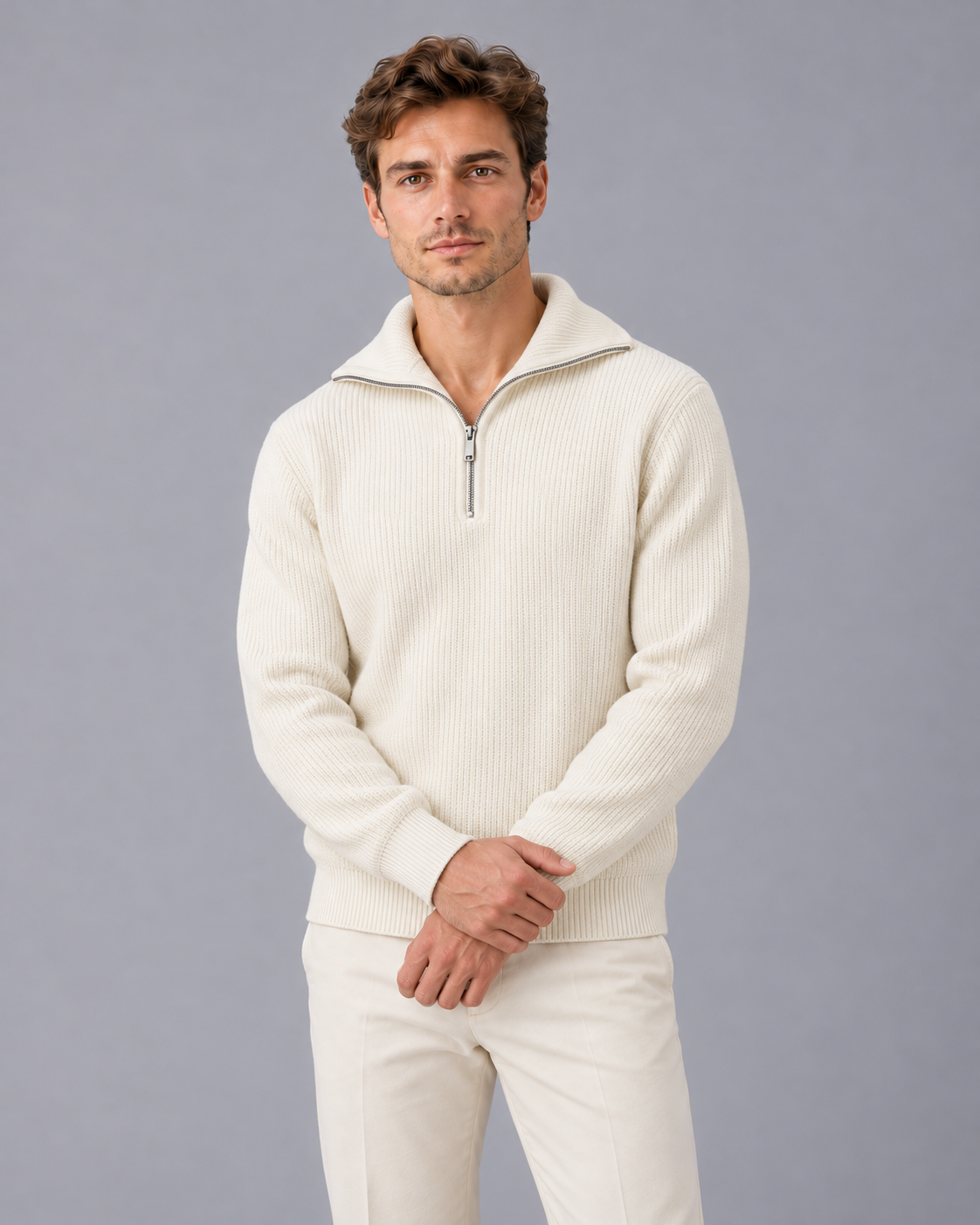 Men's Striped Quarter Zip Jumper with Ribbed Knit and High Collar