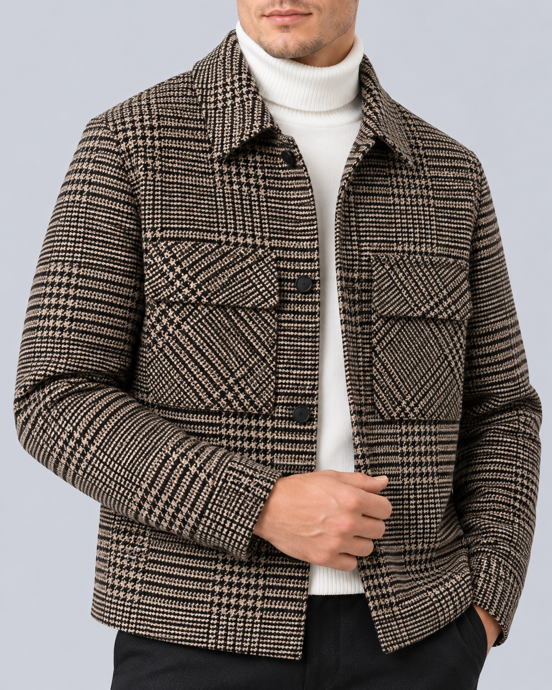 Men's Checked Overshirt Jacket – Wool-Blend Houndstooth Check with Chest Patch Pockets
