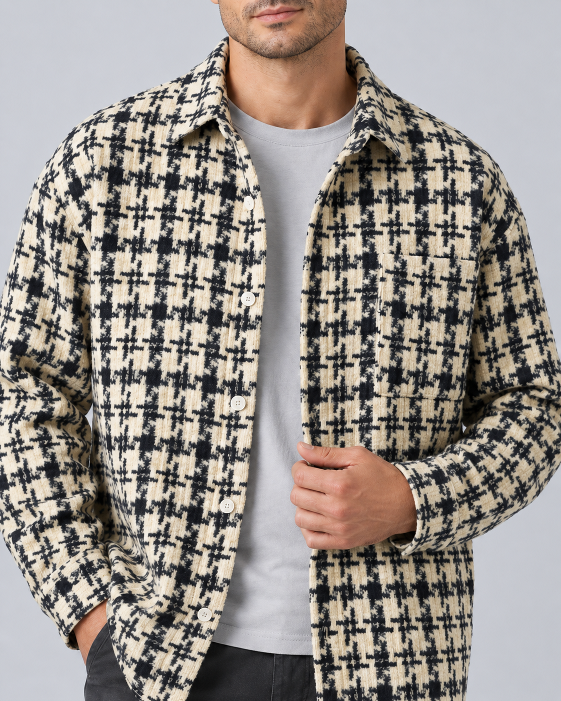Men's Patterned Overshirt | Button-Up Streetwear Shirt Jacket