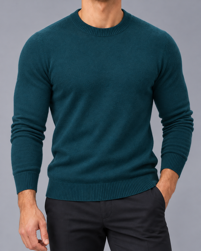 Men's Crew Neck Jumper with Ribbed Cuffs and Hem
