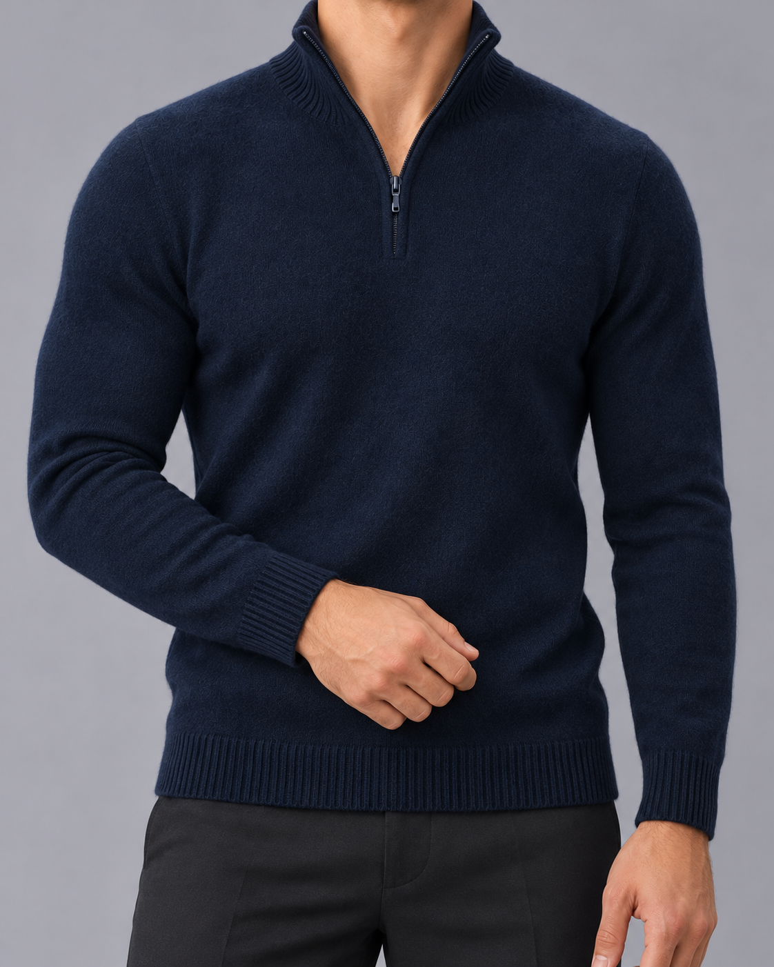 Men's Half Zip Jumper with Stand Collar and Ribbed Hem