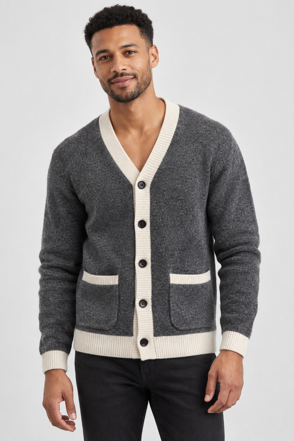 Men's Cardigan with Pockets – Heavyweight Knit, Contrast Ribbed Trim, Button Front