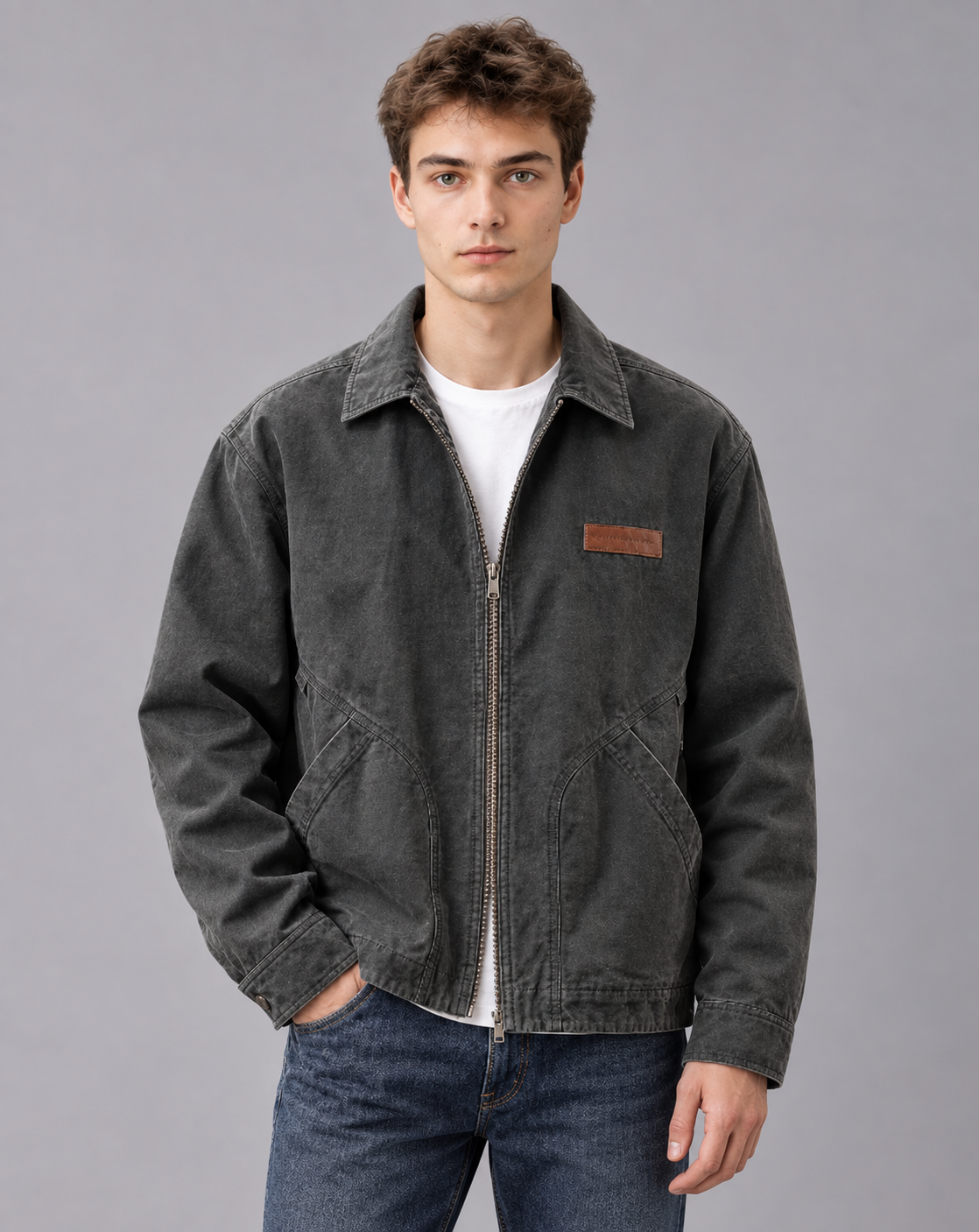 Men's Zip Workwear Jacket in Cotton Blend – Point Collar, Angled Front Pockets, Relaxed Fit