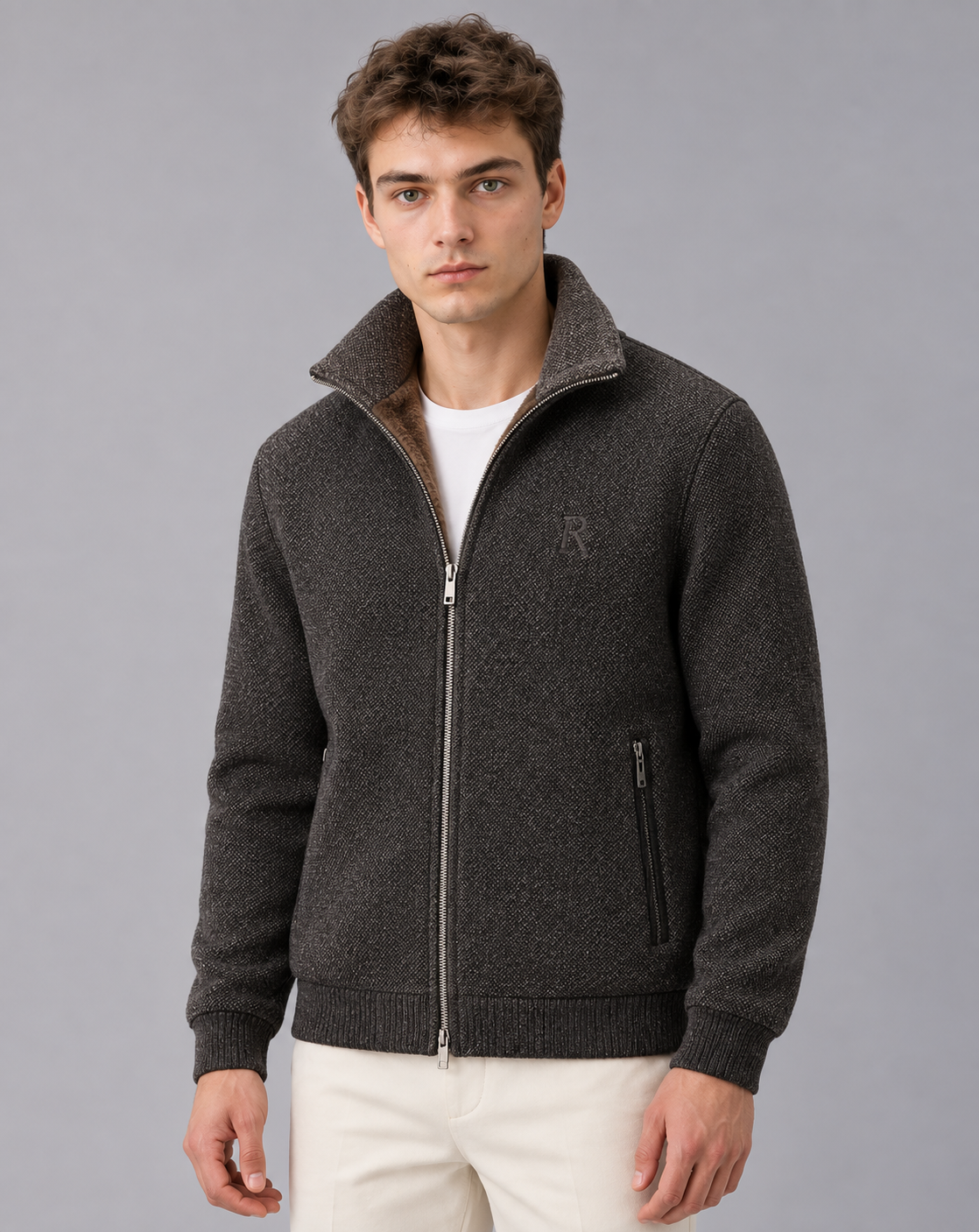 Men's Fleece Lined Jacket – Full Zip, Stand Collar, Textured Finish, Zip Pockets