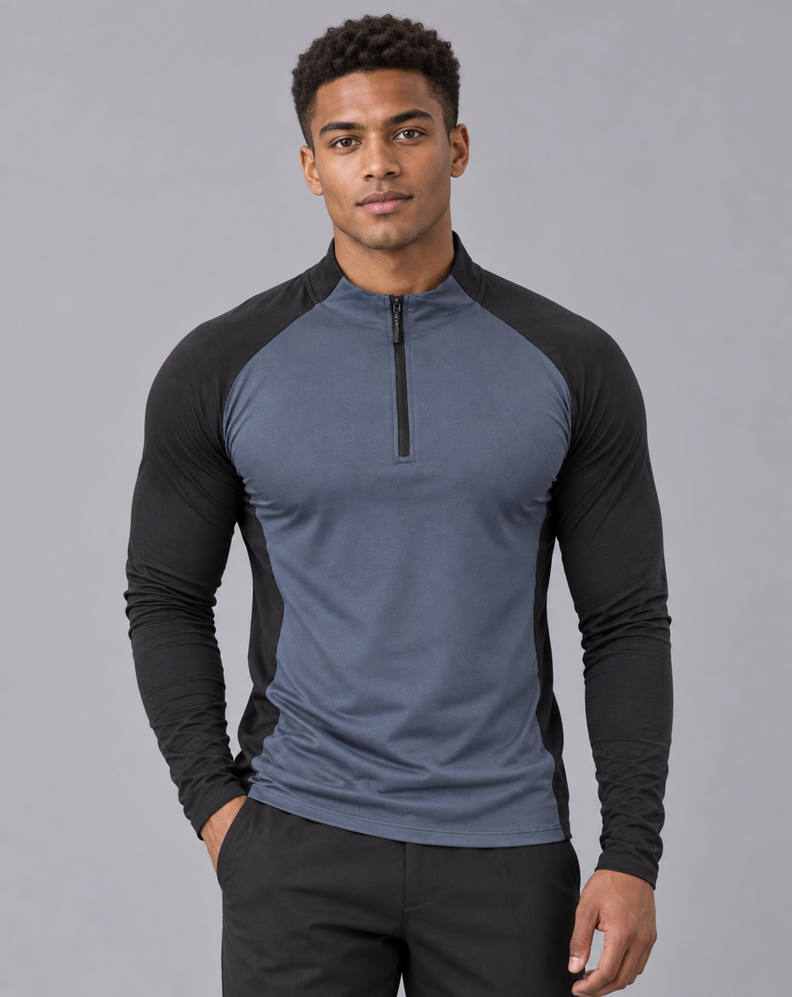 Men's Quarter Zip Top – Long Sleeve, Stand Collar, Contrast Raglan Sleeves, Athletic Fit