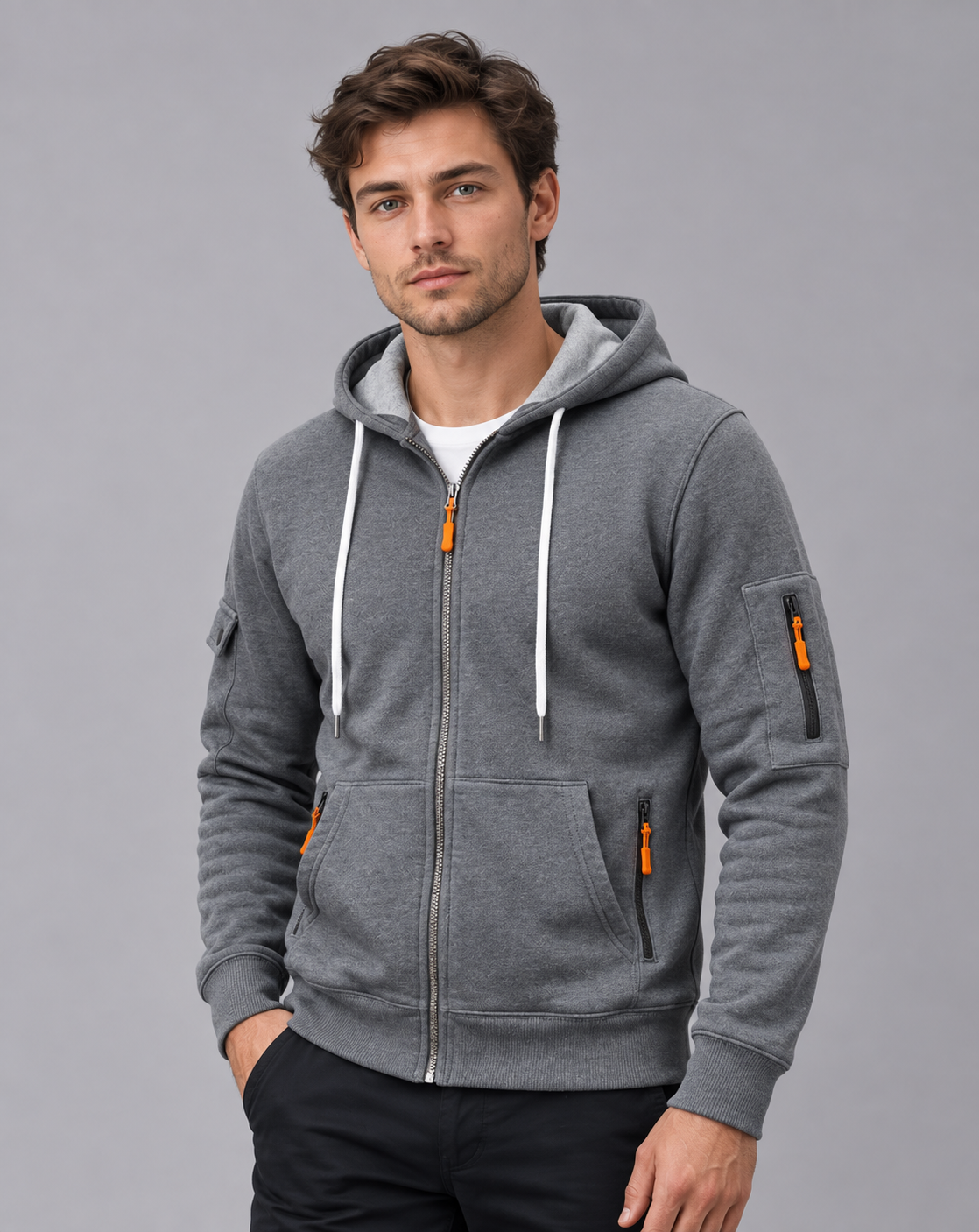 Men's Zip Up Hoodie in 100% Cotton – Full Zip, Drawstring Hood, Zip Pockets