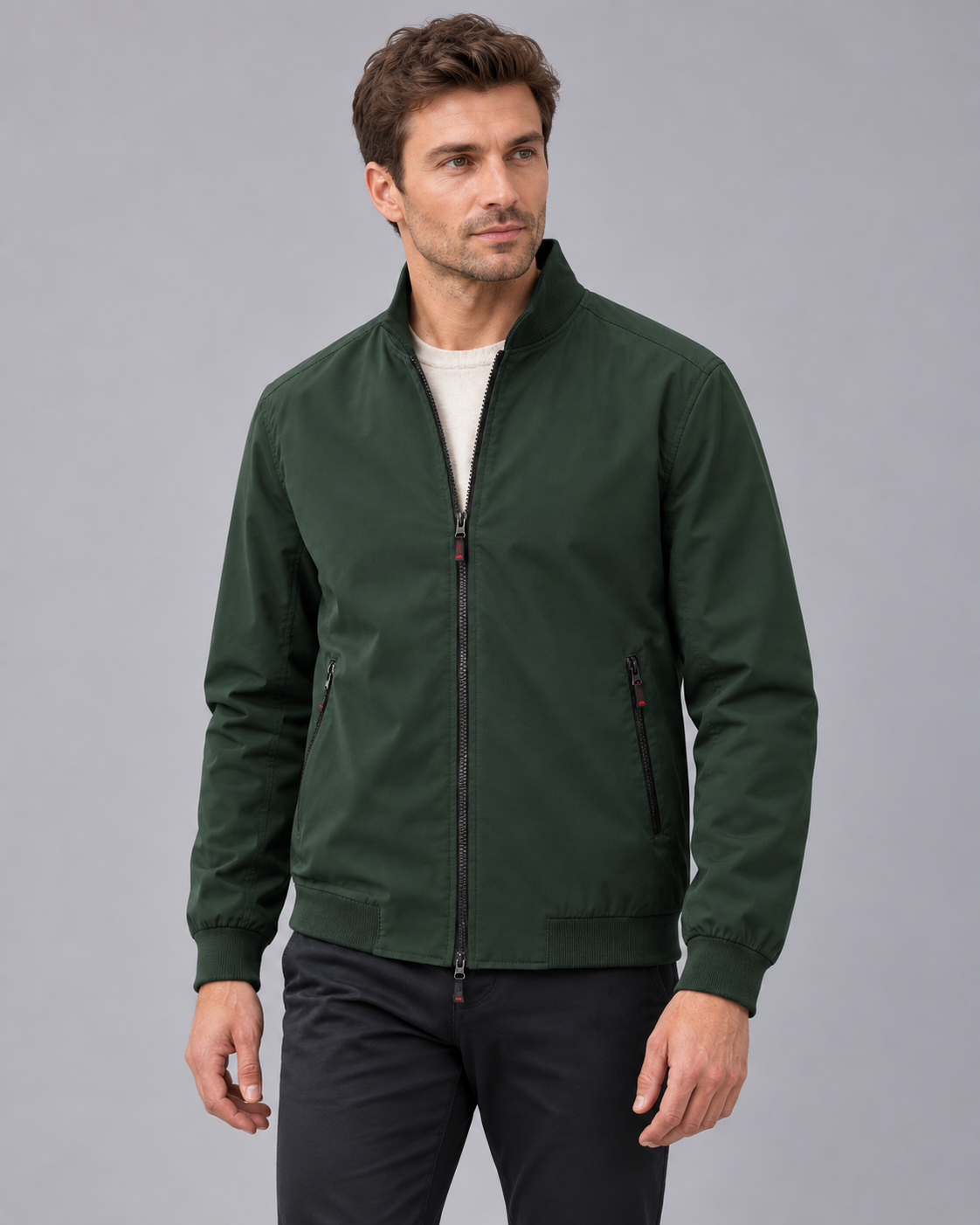 Men's Bomber Jacket – Stand Collar, Full Zip, Zip Pockets, Relaxed Fit