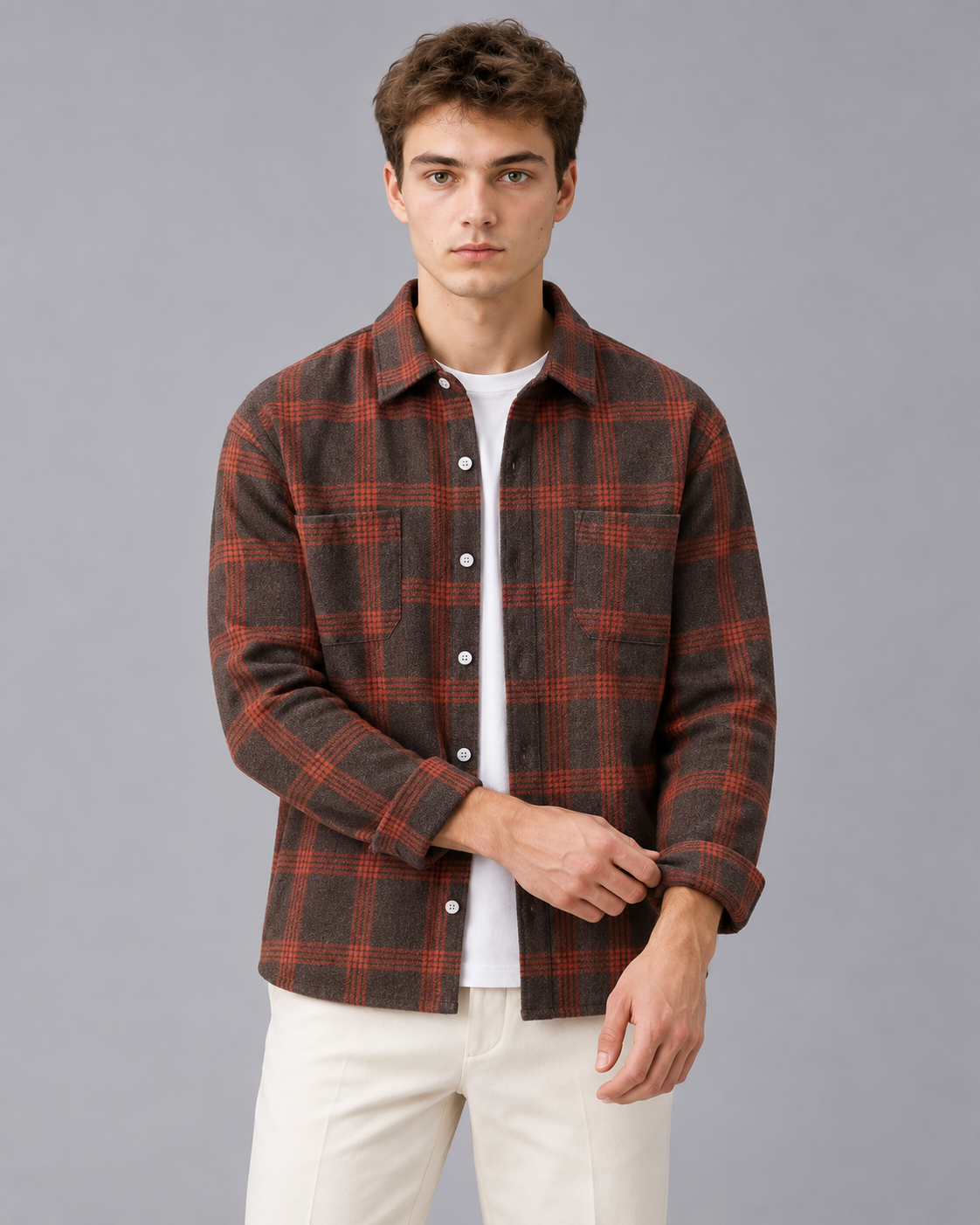 Men's Check Shirt – Long Sleeve, Button-Up, Chest Pocket, Relaxed Fit