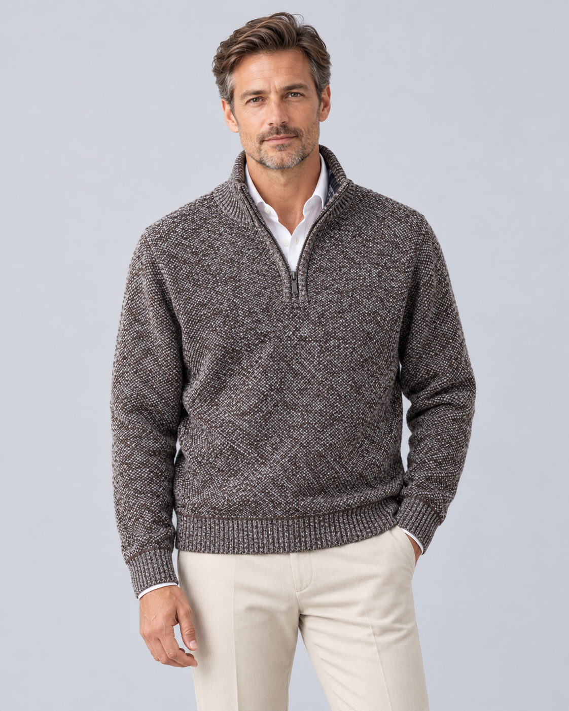 Men's Quarter Zip Jumper in Textured Polyester Knit – Zip Stand Collar, Ribbed Cuffs