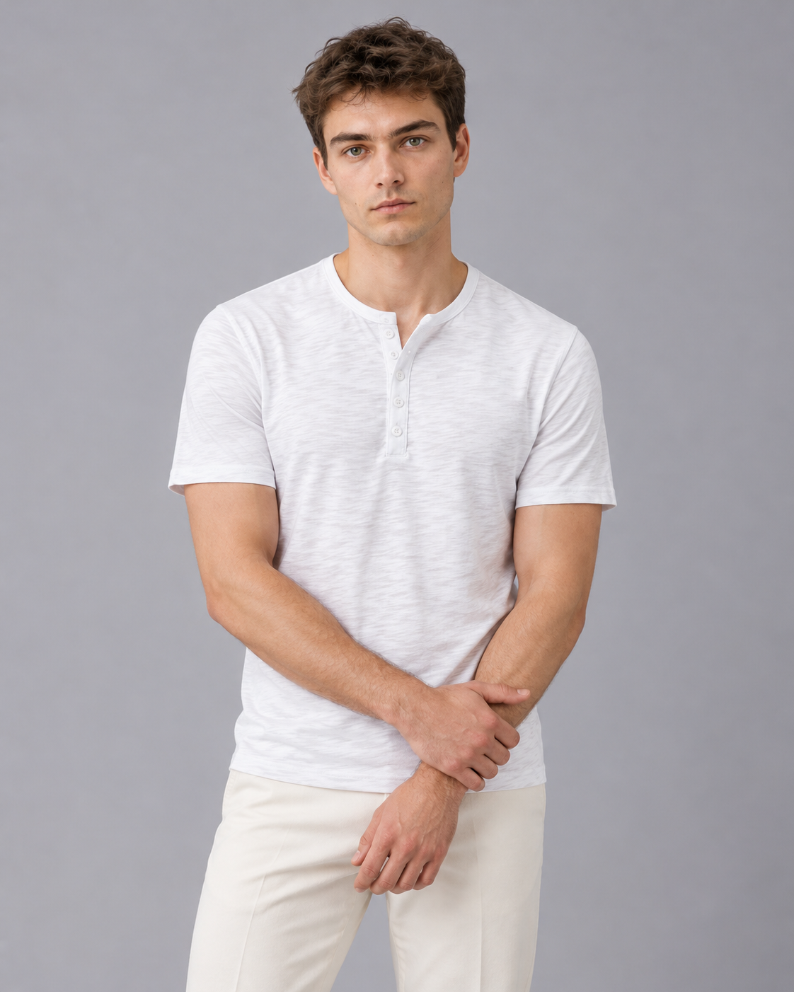 Men's Henley T-Shirt with Short Sleeves and Button Placket