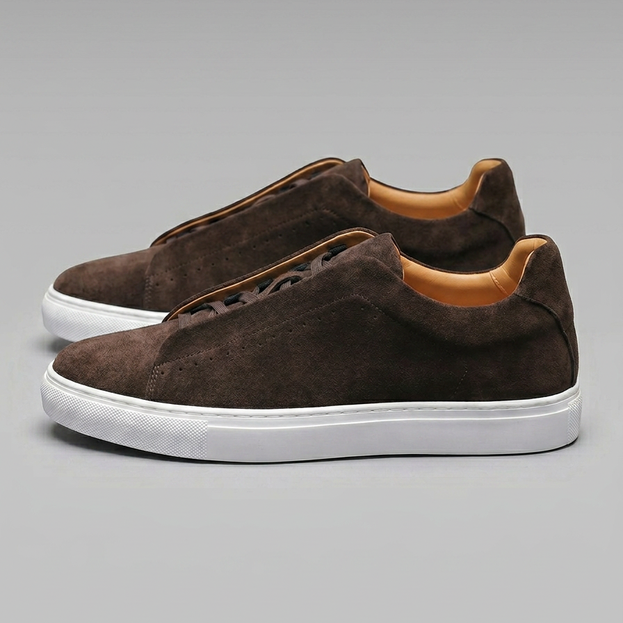 Men's Suede Trainers – Brown Low-Top Lace-Up Sneakers with White Rubber Sole