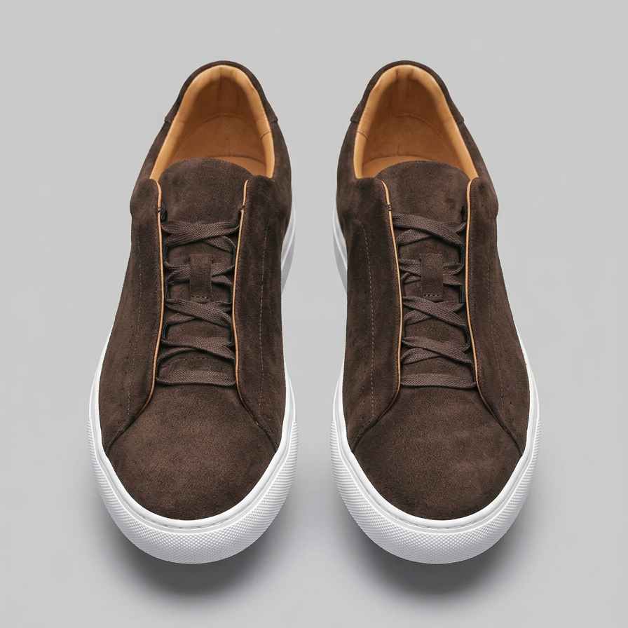 Men's Suede Trainers – Brown Low-Top Lace-Up Sneakers with White Rubber Sole