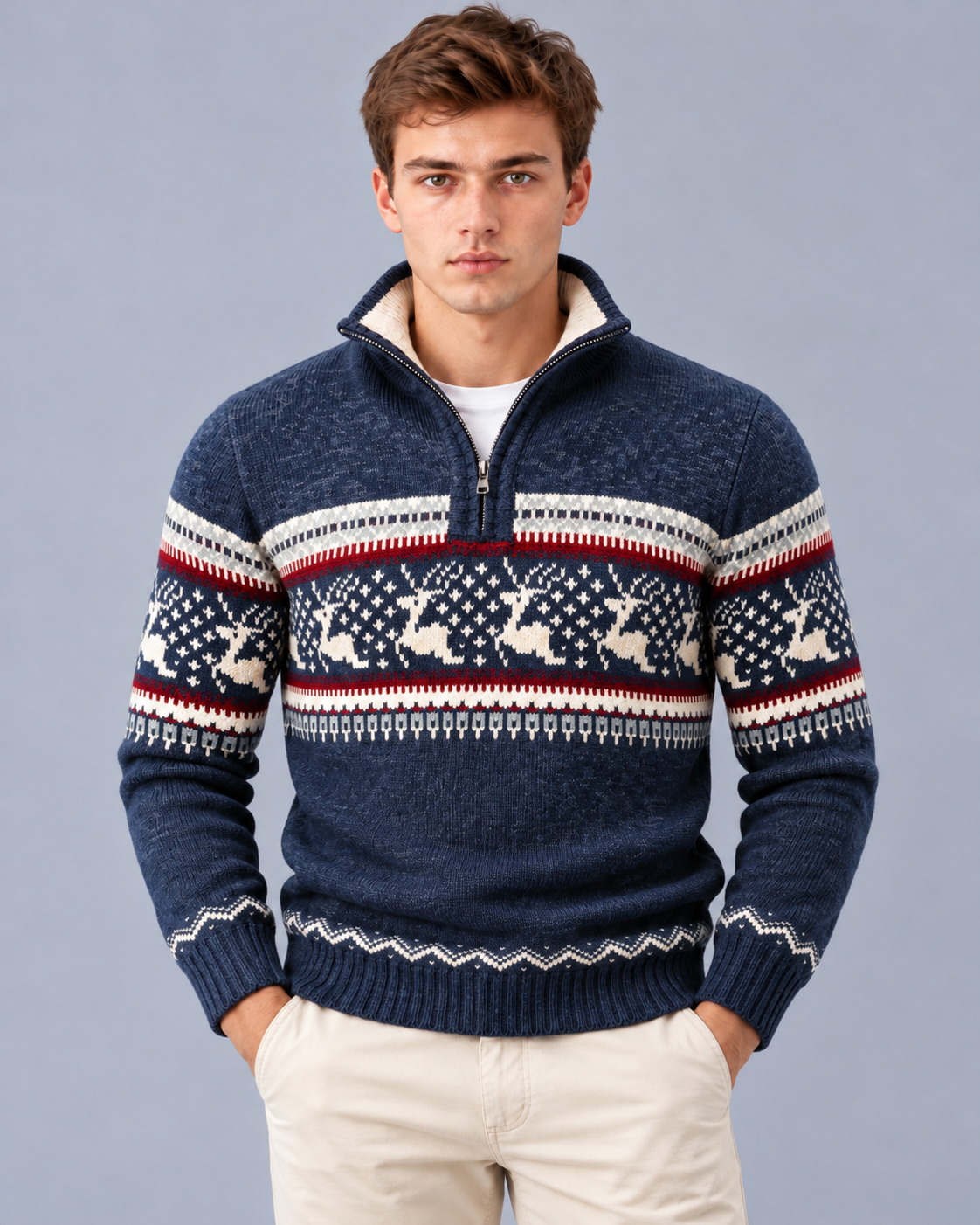 Men's Quarter Zip Christmas Jumper with Fair Isle Reindeer Pattern | Festive Sweater