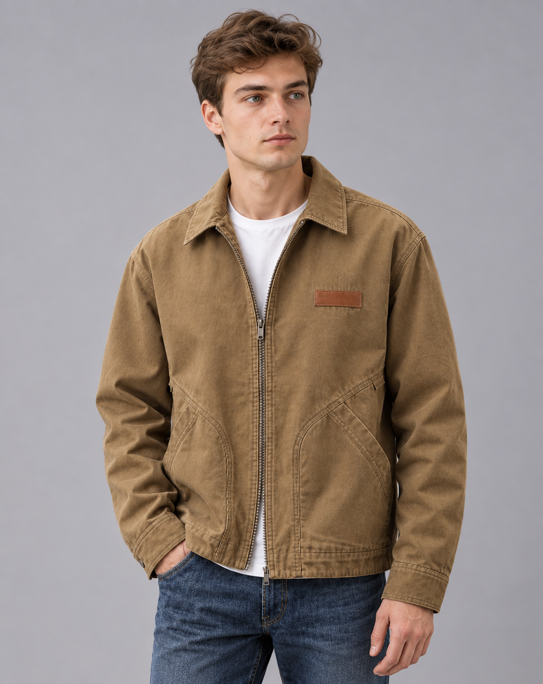 Men's Zip Workwear Jacket in Cotton Blend – Point Collar, Angled Front Pockets, Relaxed Fit
