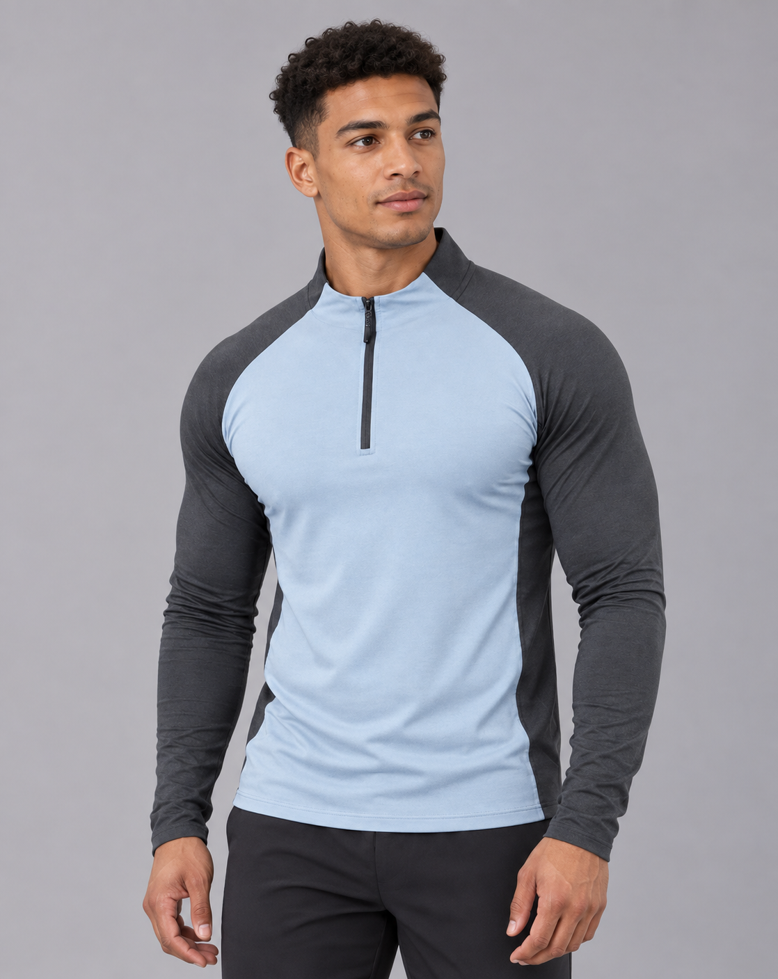 Men's Quarter Zip Top – Long Sleeve, Stand Collar, Contrast Raglan Sleeves, Athletic Fit