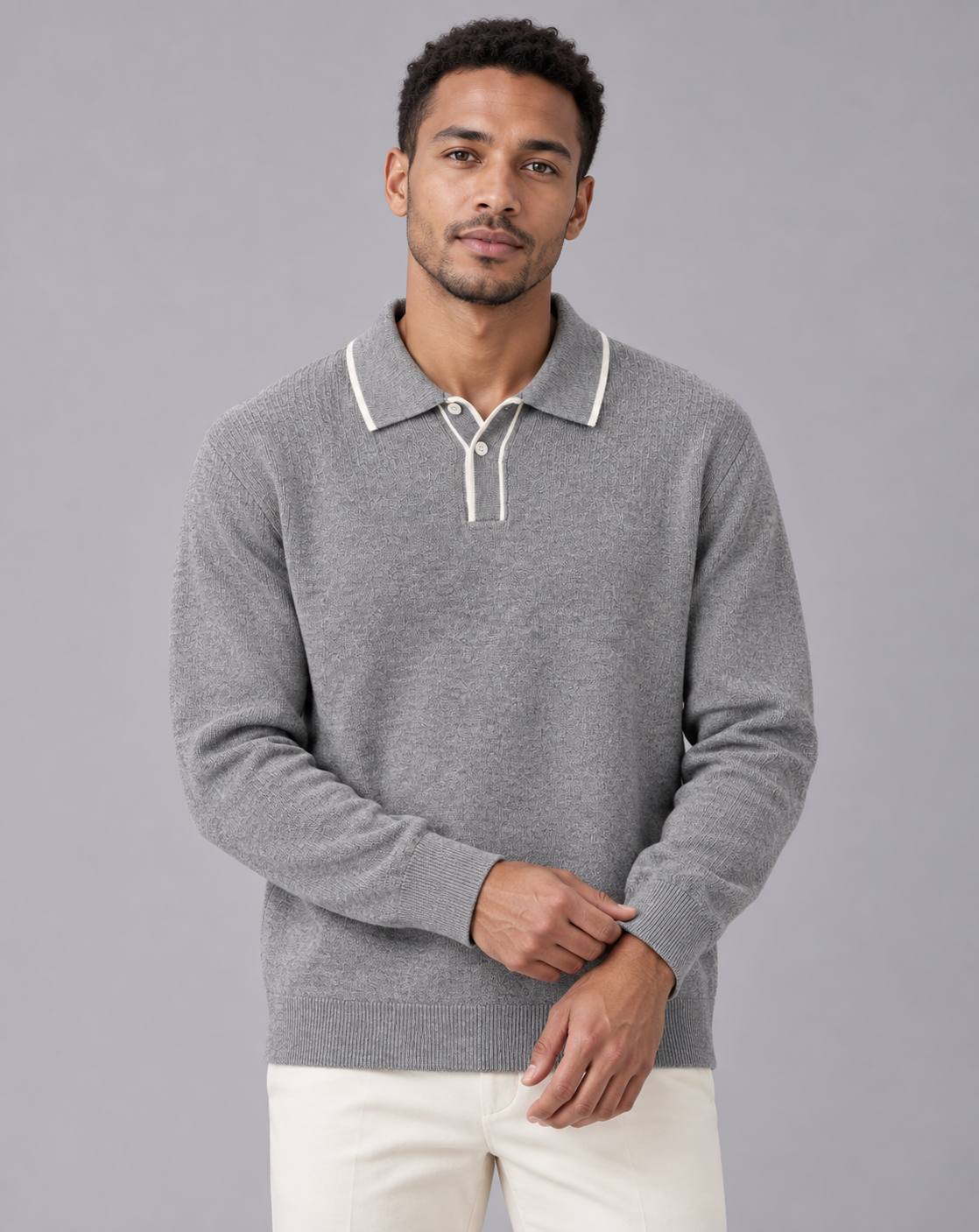 Men's Knitted Polo Long Sleeve in Linen Blend – Polo Jumper with Contrast-Tipped Collar