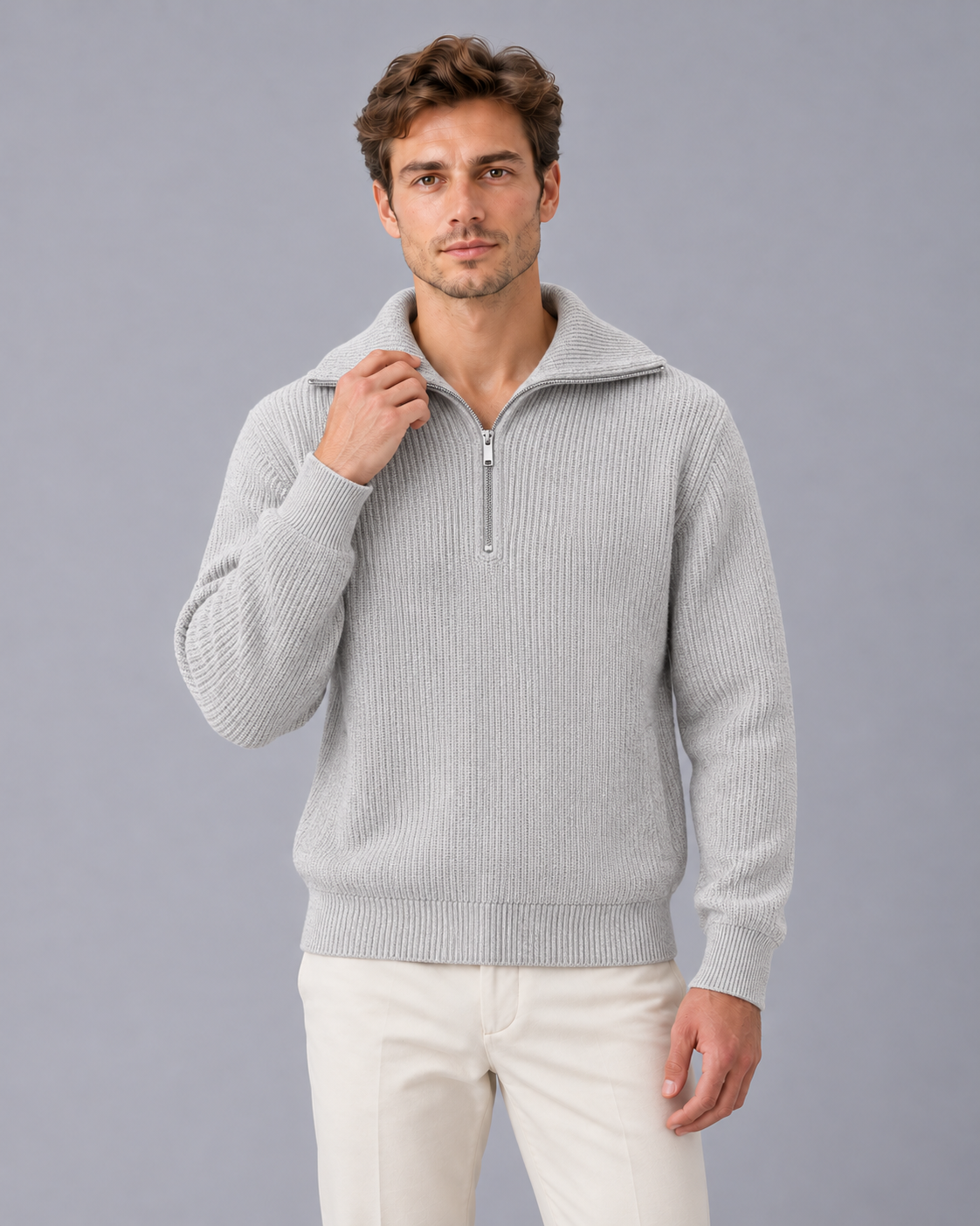 Men's Striped Quarter Zip Jumper with Ribbed Knit and High Collar