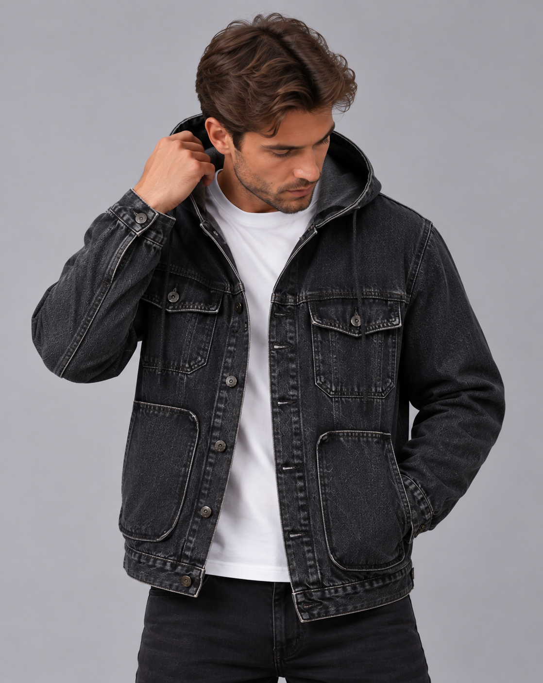 Men's Hooded Denim Jacket – Button Front, Drawstring Hood, Flap Chest Pockets