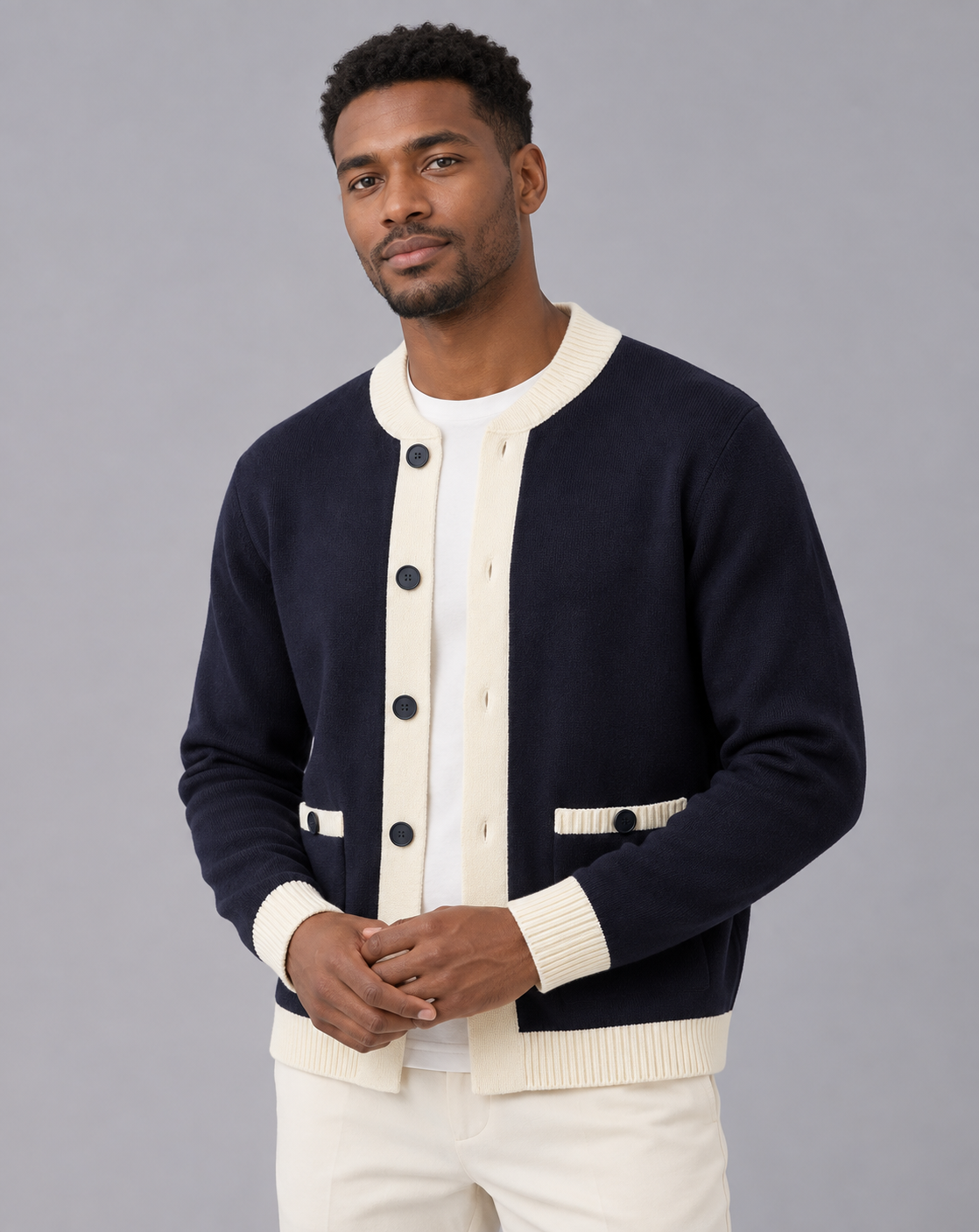 Men's Cardigan with Pockets – Heavyweight Knit, Contrast Ribbed Trim, Button Front