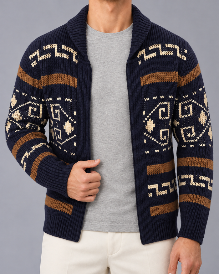 Men's Wool Blend Zip-Up Cardigan with Shawl Collar and Jacquard Pattern