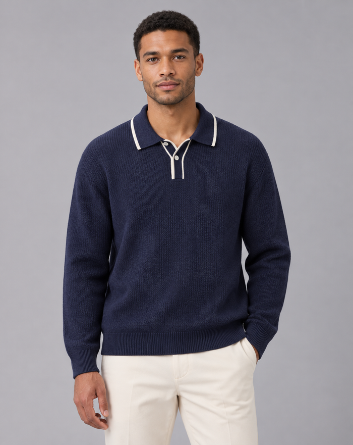 Men's Knitted Polo Long Sleeve in Linen Blend – Polo Jumper with Contrast-Tipped Collar