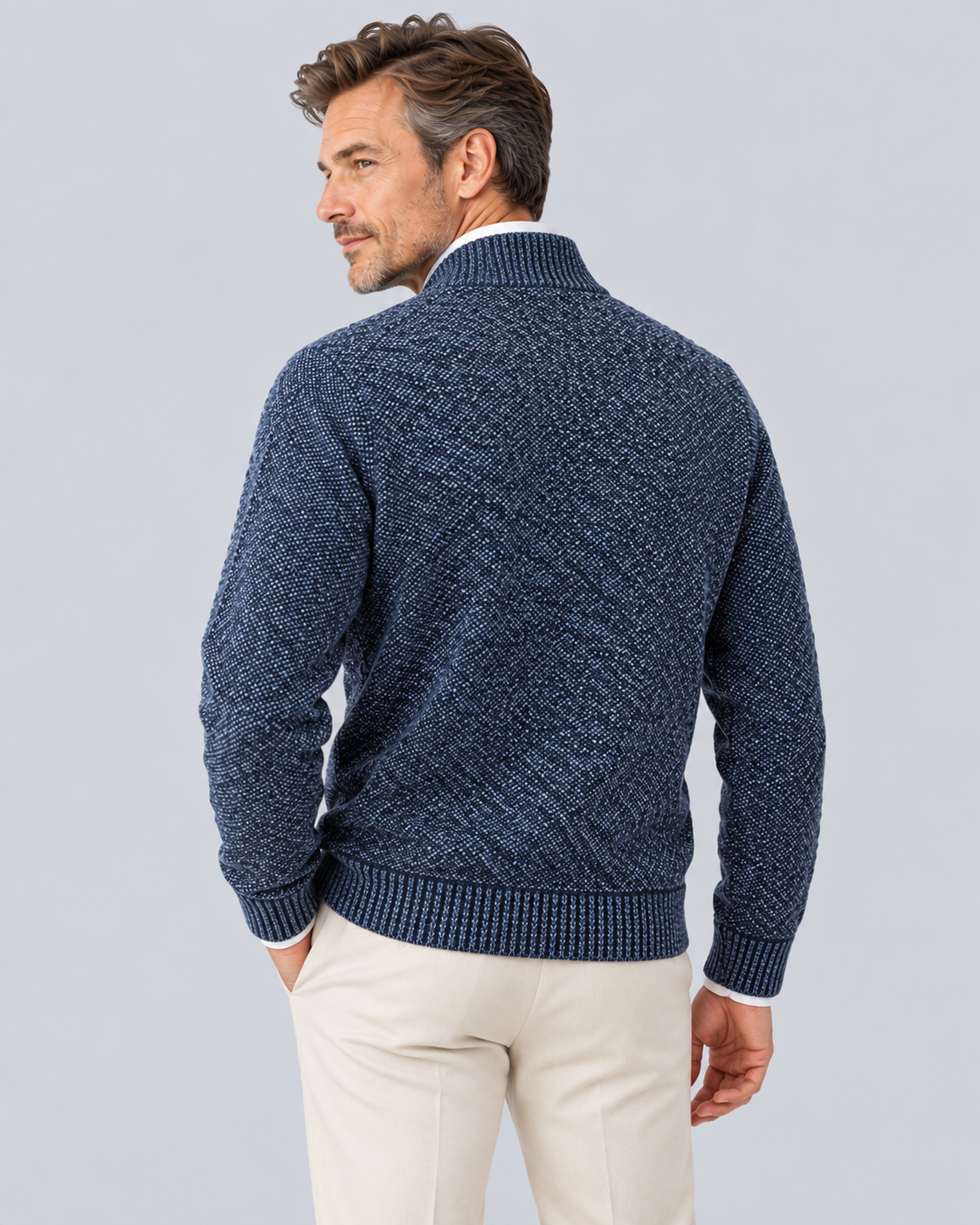 Men's Quarter Zip Jumper in Textured Polyester Knit – Zip Stand Collar, Ribbed Cuffs