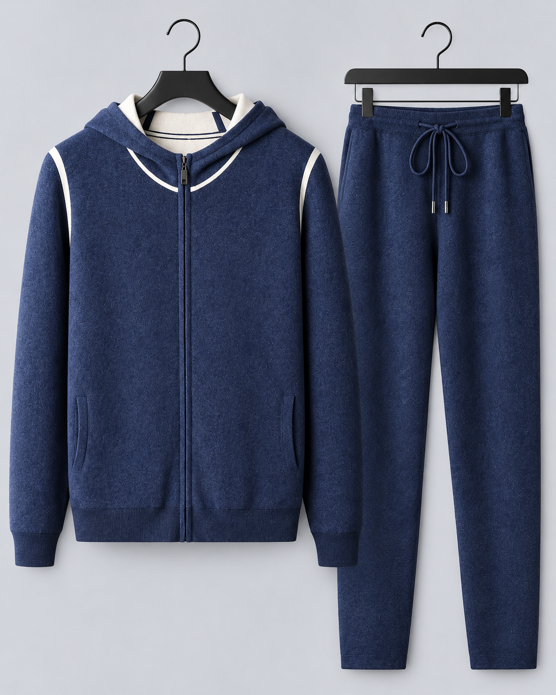 Men's 100% Cashmere Knitted Tracksuit with Hooded Zip Jacket and Contrast Trim
