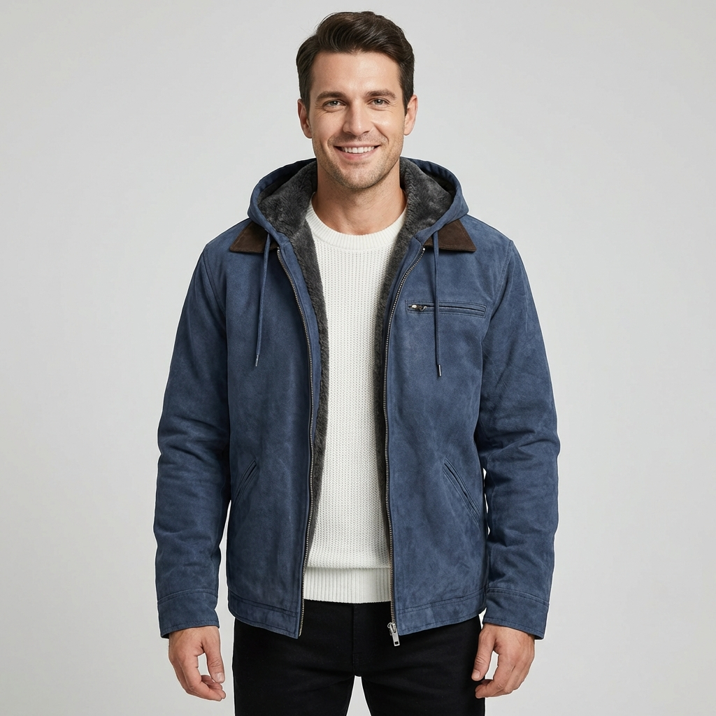Men's Hooded Suede-Look Jacket – Fleece-Lined Vintage Work Jacket with Full Zip