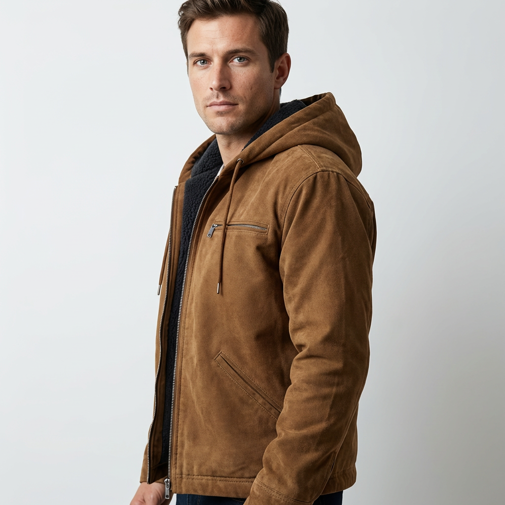 Men's Hooded Suede-Look Jacket – Fleece-Lined Vintage Work Jacket with Full Zip