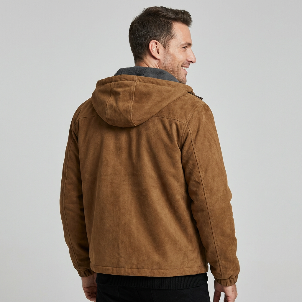 Men's Hooded Suede-Look Jacket – Fleece-Lined Vintage Work Jacket with Full Zip