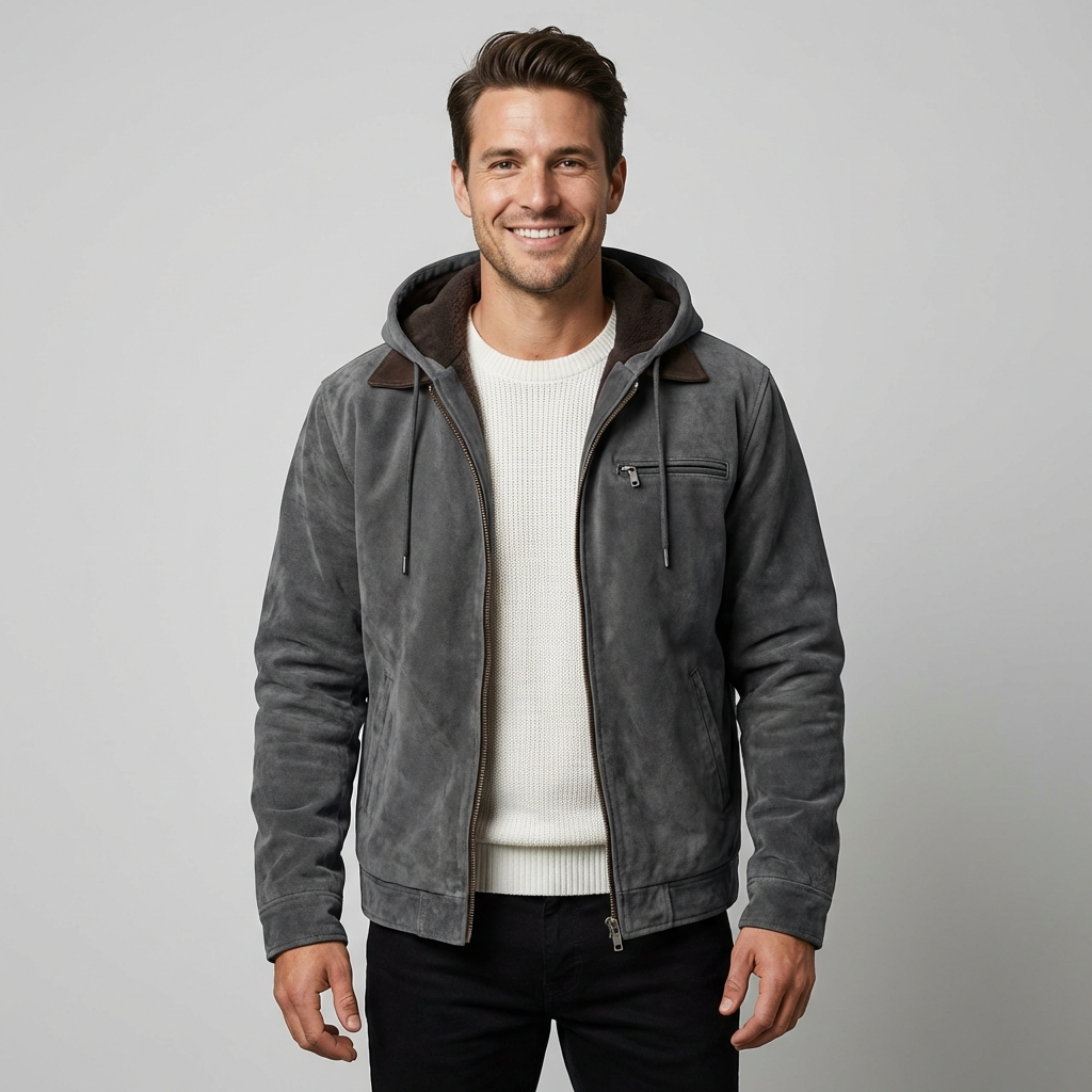 Men's Hooded Suede-Look Jacket – Fleece-Lined Vintage Work Jacket with Full Zip