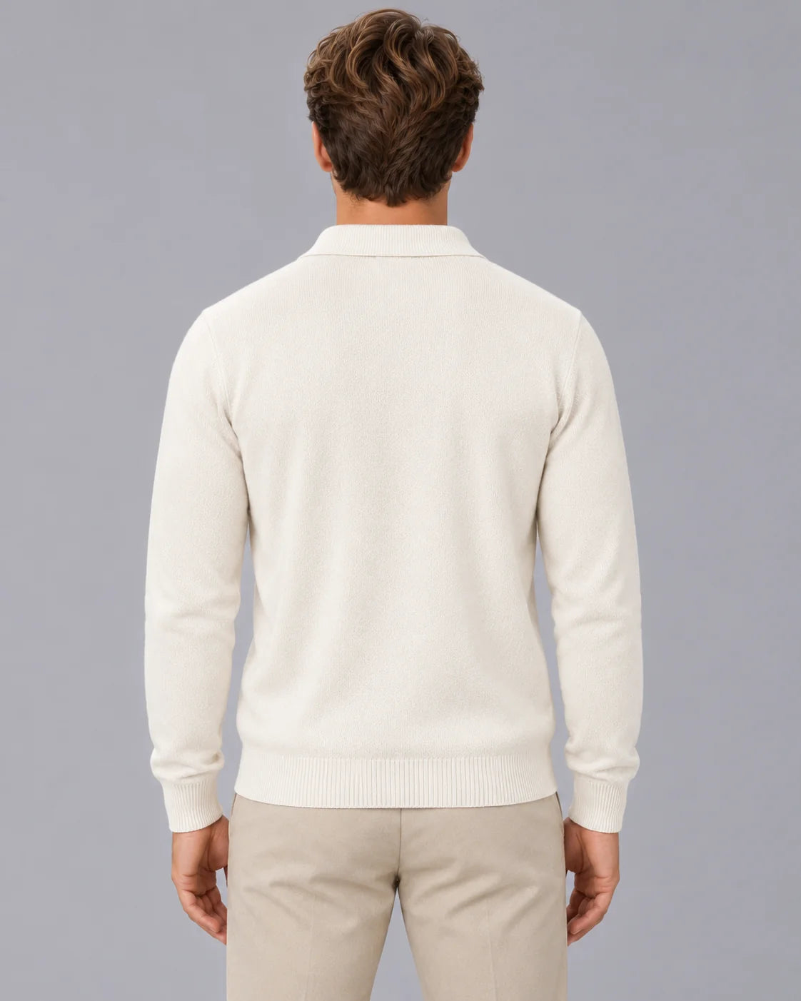 Men's Soft Fine Knit Sweater | Casual Open Johnny Collar Top in Warm Ivory 2