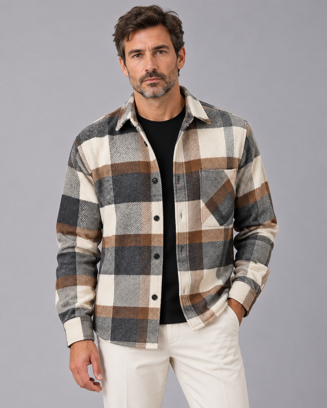 Men's Check Overshirt – Button-Through Shirt Jacket with Chest Pocket