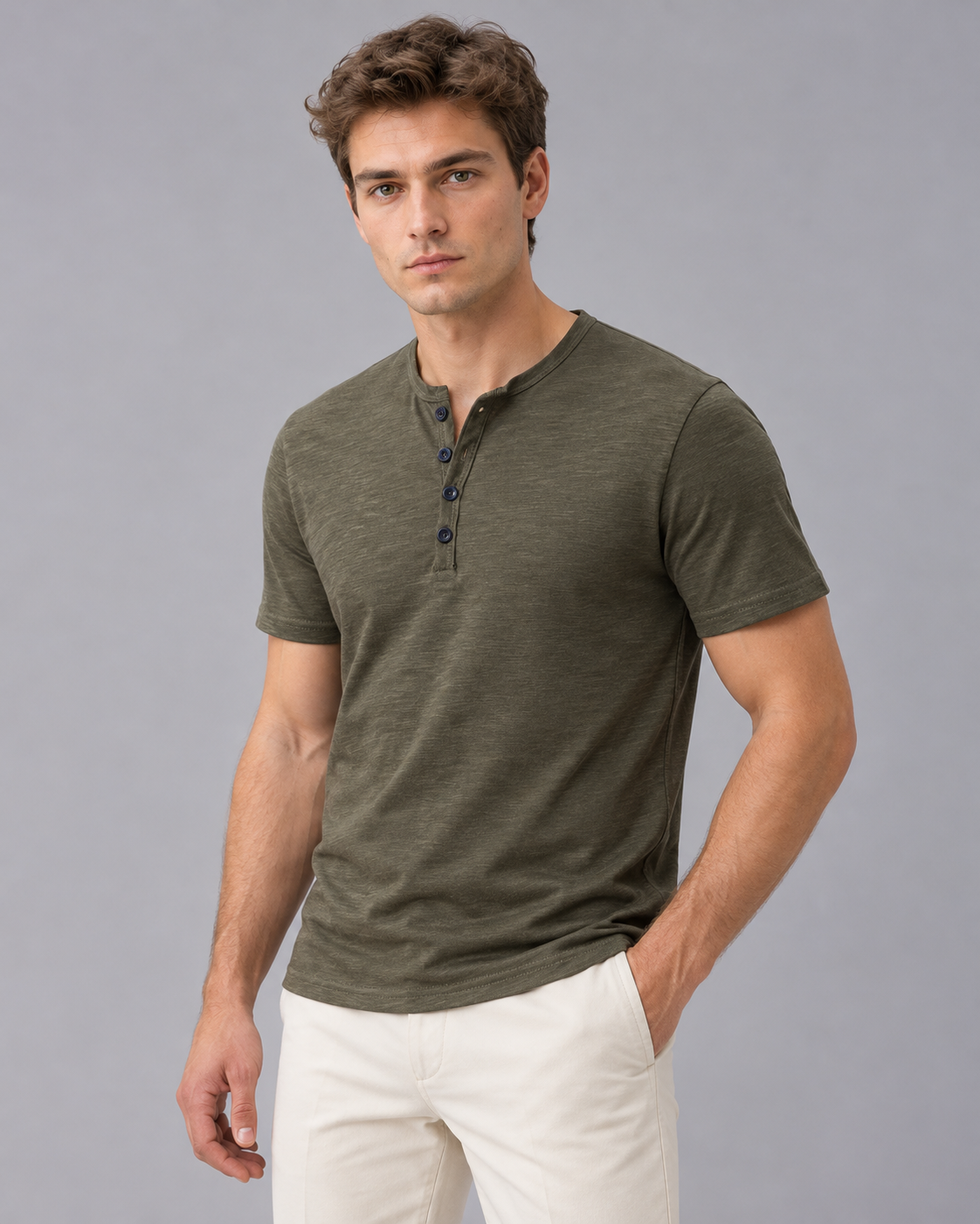 Men's Henley T-Shirt with Short Sleeves and Button Placket
