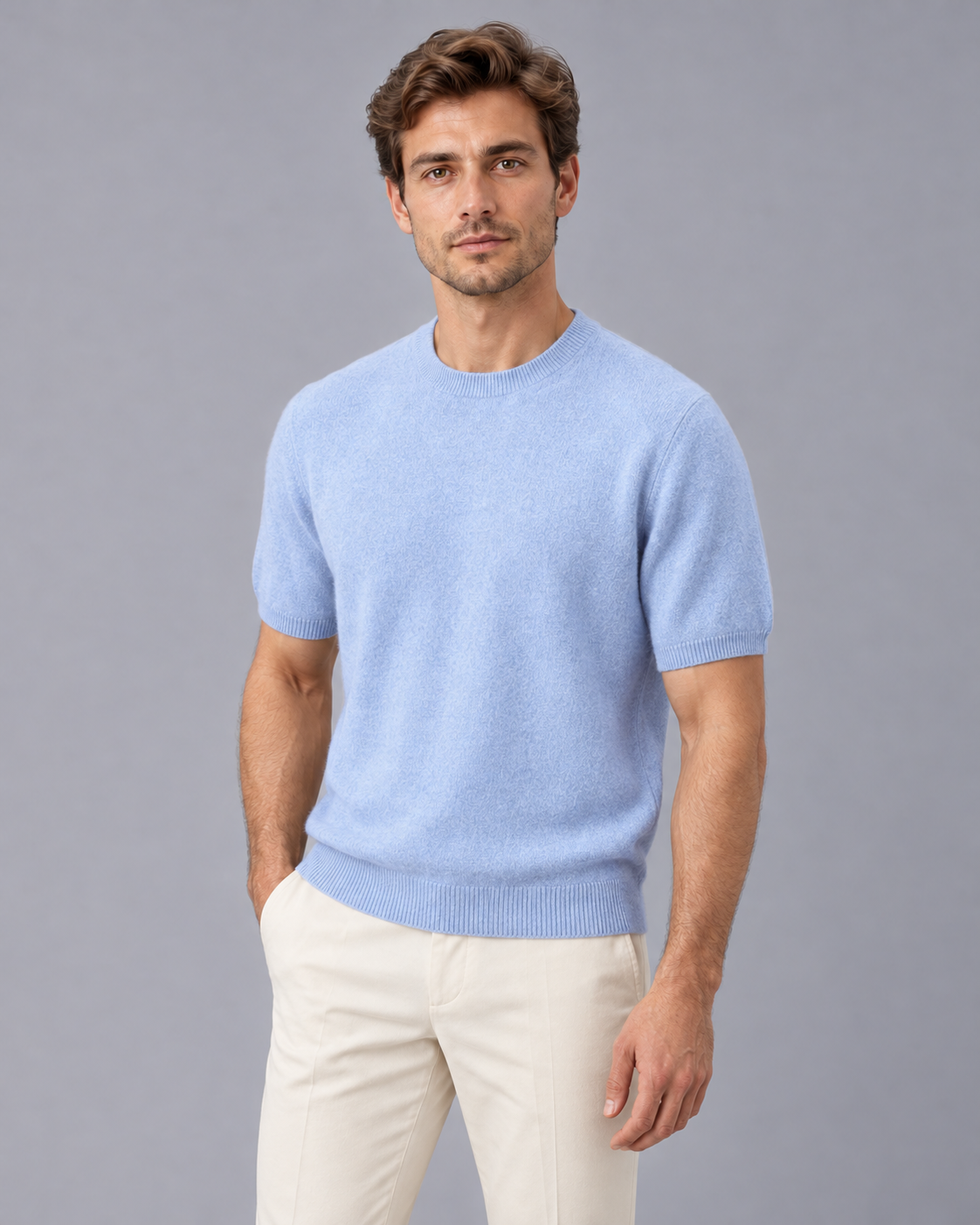 Men's 100% Cashmere Crew Neck T-Shirt with Short Sleeves and Ribbed Trims
